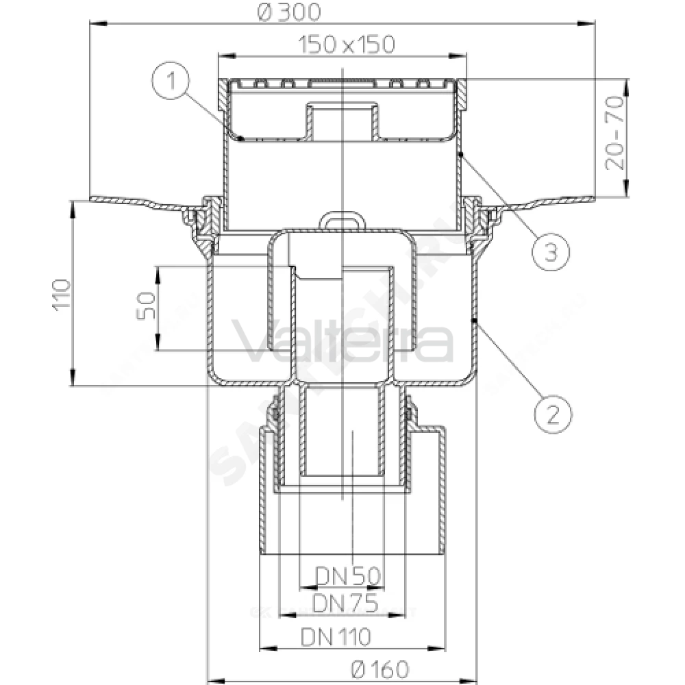 Трап регулируемый с гидрозатвором с нержавеющей решёткой 147х147мм вертикальный выпуск HL