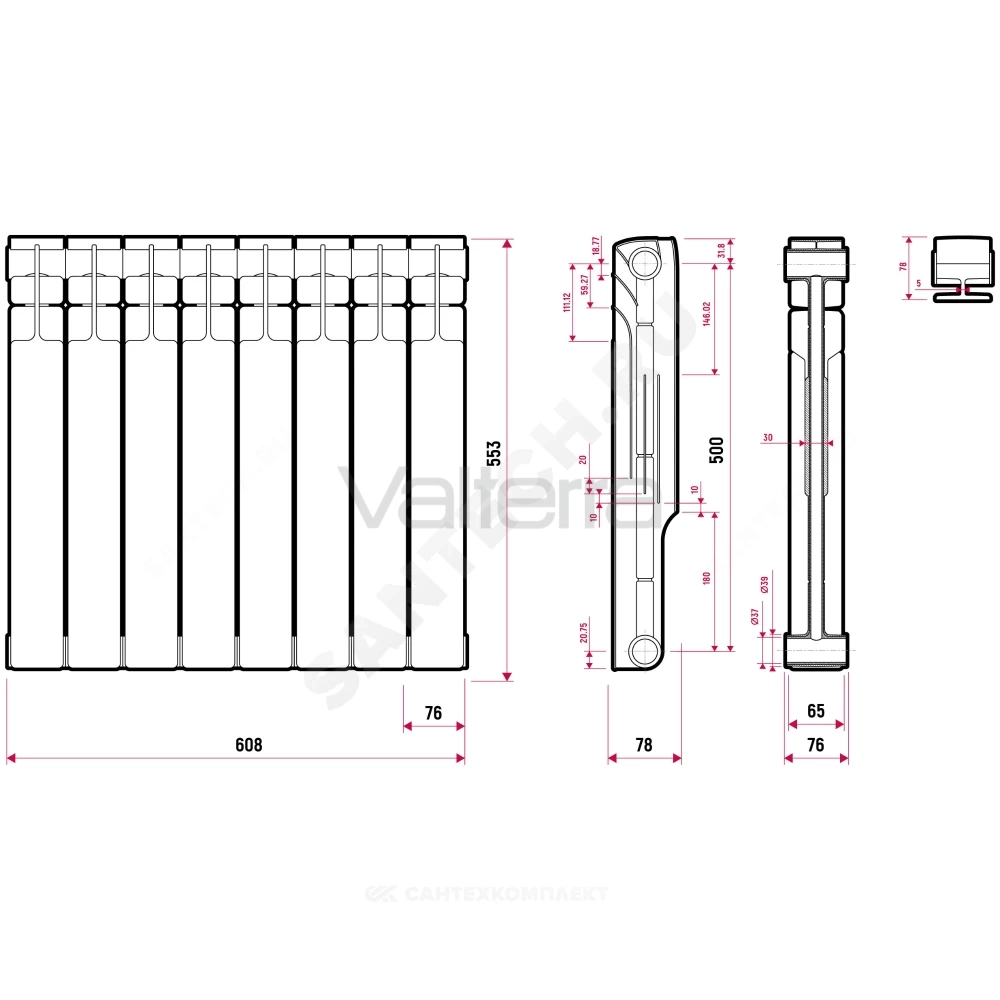 Радиатор секционный биметаллический Plus BM RAL 9016 (белый) Ogint