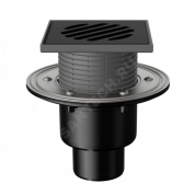Трап регулируемый с гидрозатвором с чугунной решёткой 150х150мм с обжимным фланцем и подрамником из ПП вертикальный выпуск Fachmann