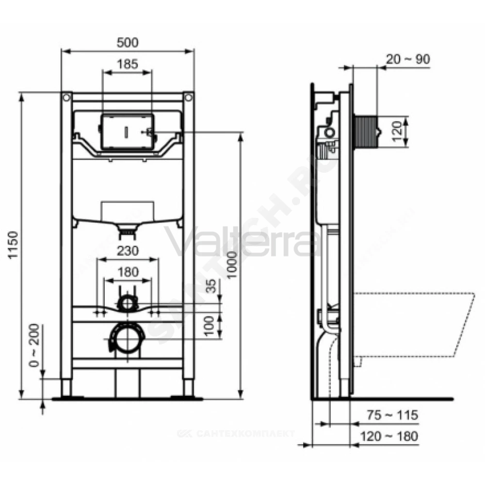 Комплект 3 в 1 инсталляция без кнопки смыва + унитаз подвесной CONNECT Rimless Ideal Standard