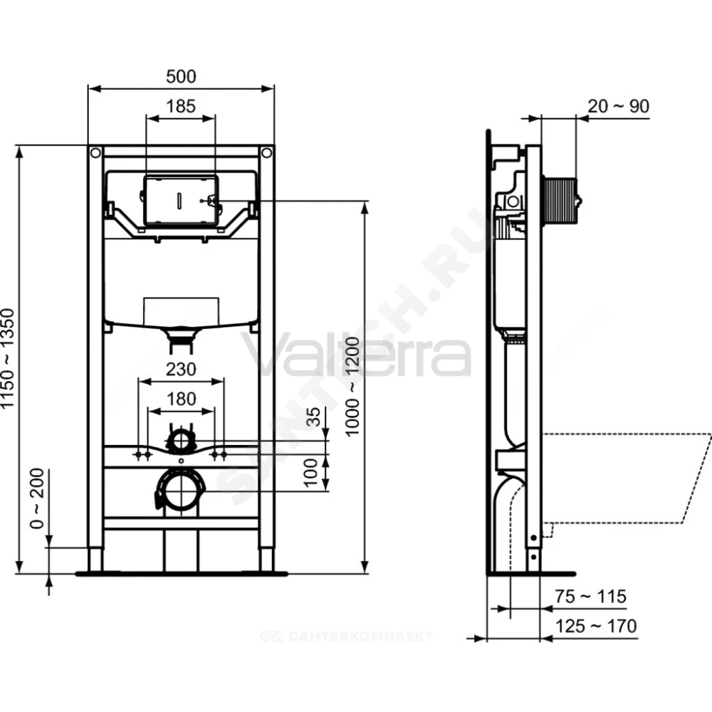 Инсталляция PROSYS FRAME 120P для подвесного унитаза без кнопки смыва Ideal Standard