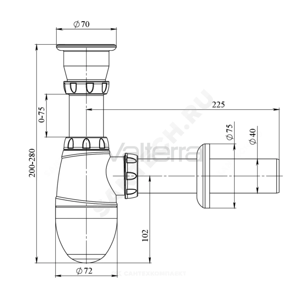 Сифон для кухонной мойки бутылочный с прямой трубкой выпуск с нержавеющей решёткой D=115мм Unicorn