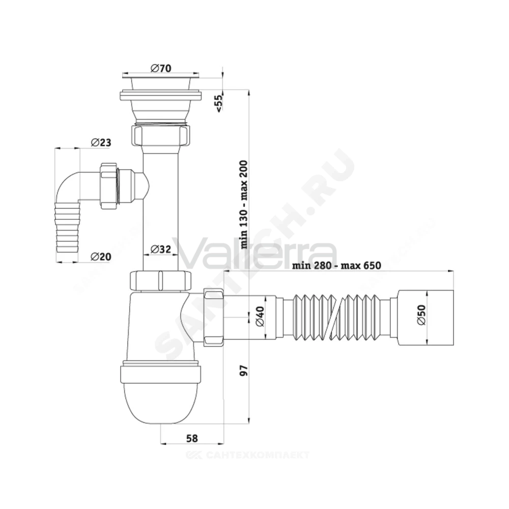 Сифон для умывальника/мойки бутылочный 1 1/2"x50 с гофрой 40х50 с отводом (штуцером) выпуск с нержавеющей решёткой D=70мм Ани АНИ Пласт C0310