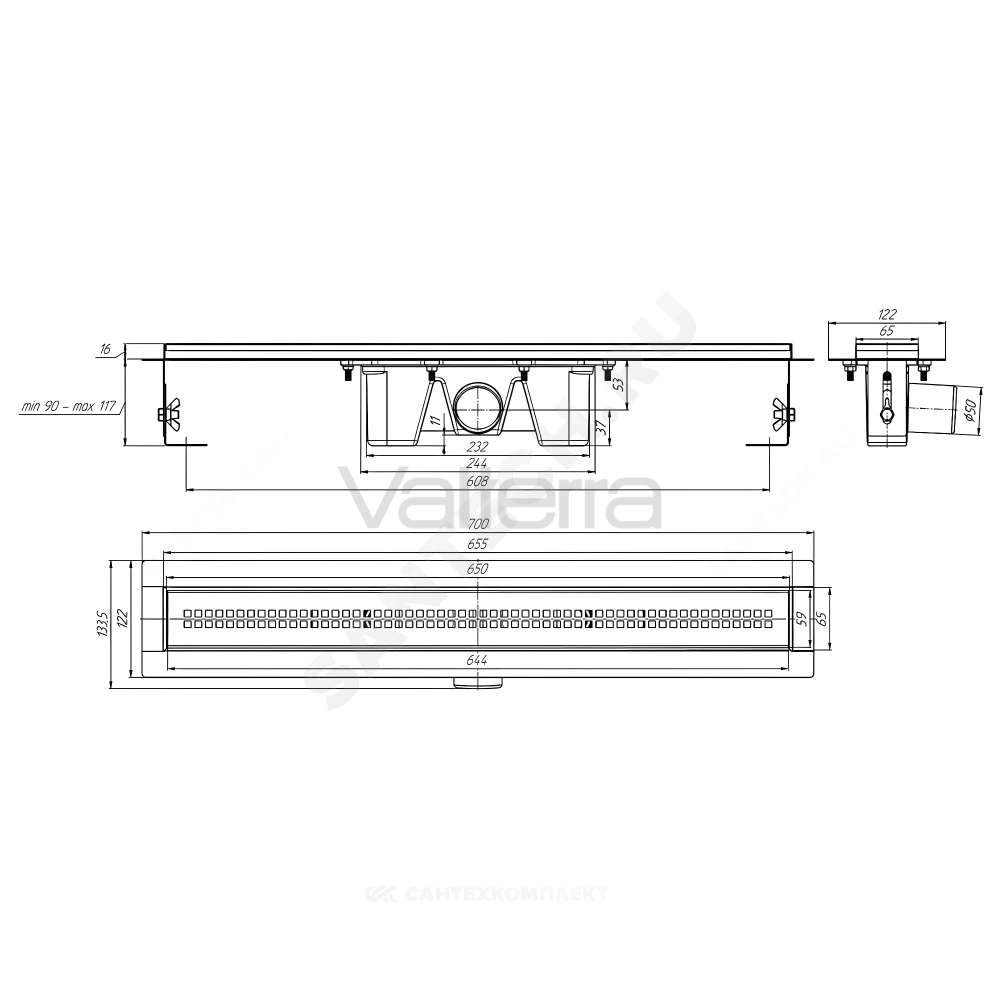 Лоток душевой с гидрозатвором решетка нержавеющая сталь матовая горизонтальный выпуск "РИФ" АНИ Пласт