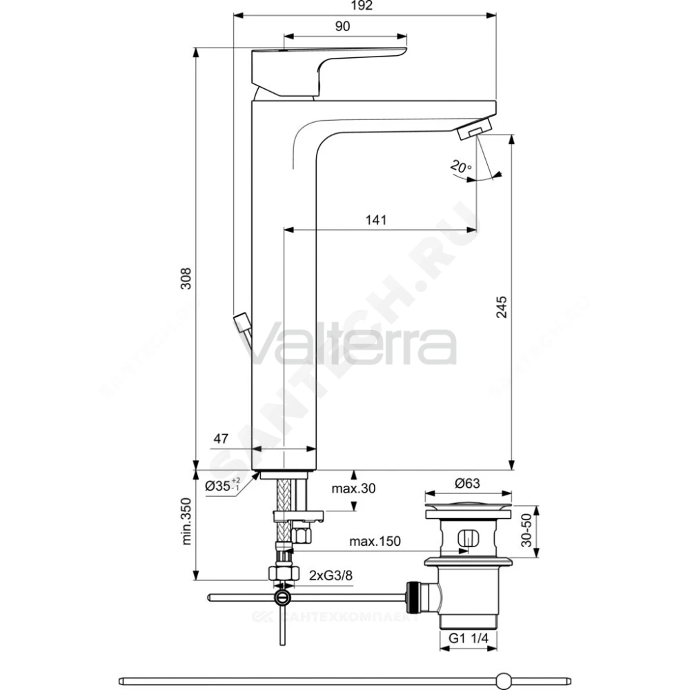 Смеситель для умывальника CERAPLAN III SLIM одноручный с донным клапаном Ideal Standard