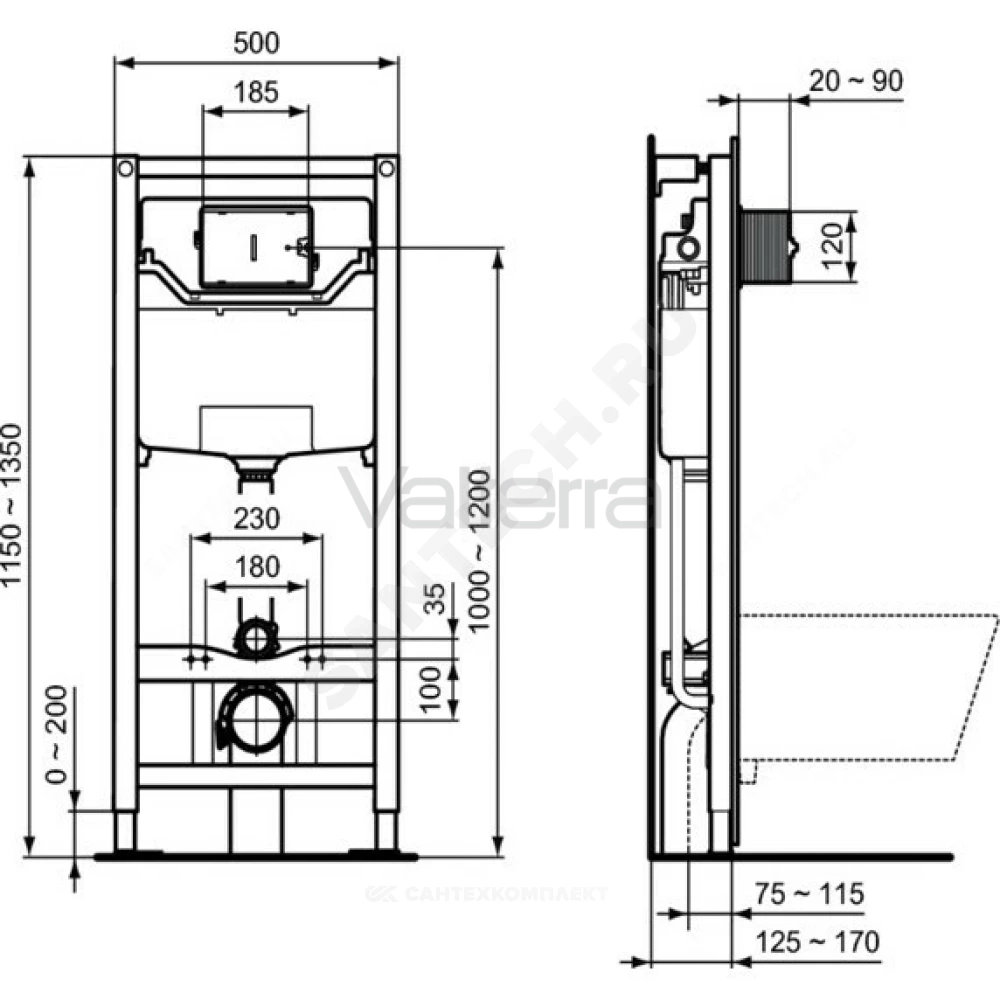 Инсталляция PROSYS FRAME 120M для подвесного унитаза без кнопки смыва Ideal Standard
