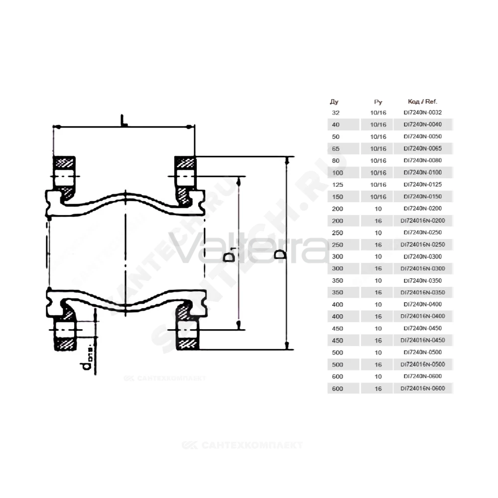 Компенсатор резиновый антивибрационный EPDM DI7240N Ру10/16 фл Tecofi