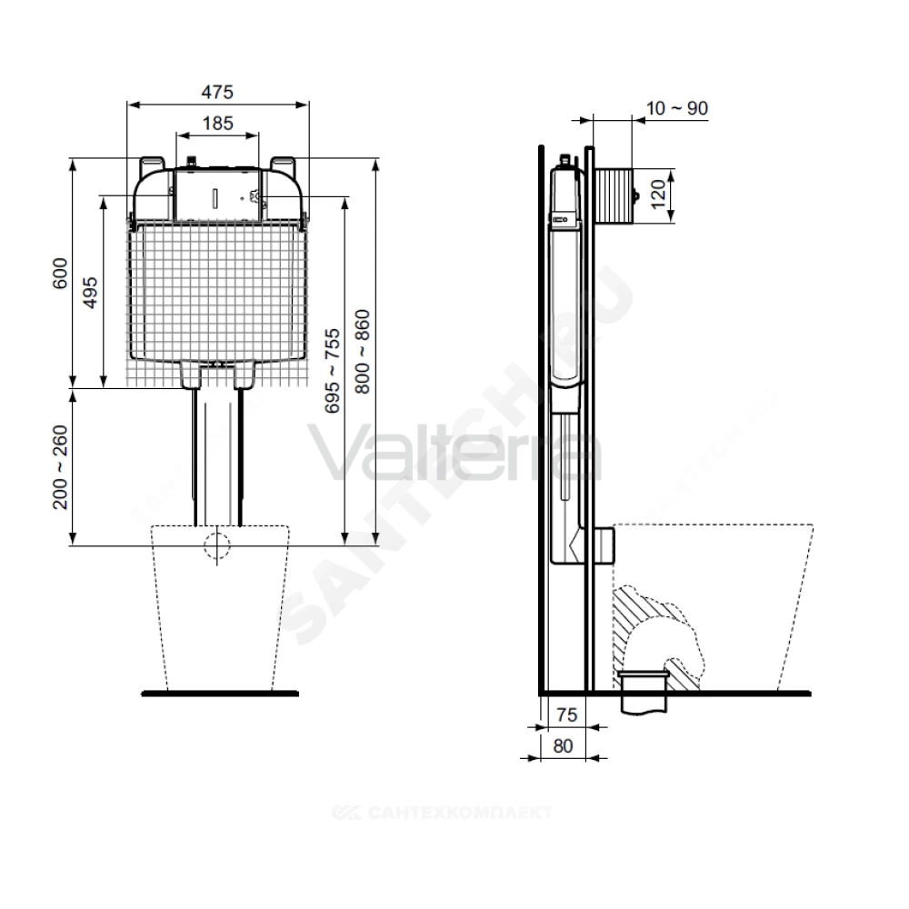 Бачок скрытого монтажа PROSYS BUILT IN CISTERN 80 M для напольного унитаза без кнопки смыва Ideal Standard