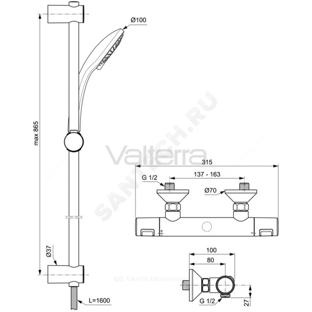 Смеситель для душа CERATHERM T25 термостат Ideal Standard