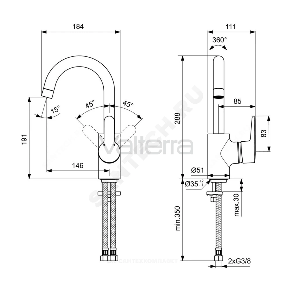 Смеситель для умывальника CONNECT BLUE ручка сбоку одноручный Ideal Standard