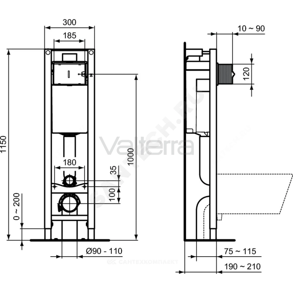 Инсталляция PROSYS ECO FRAME M для подвесного унитаза без кнопки смыва Ideal Standard