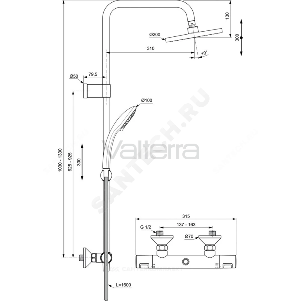 Система душевая CERATHERM T25 с термостатическим смесителем Ideal Standard