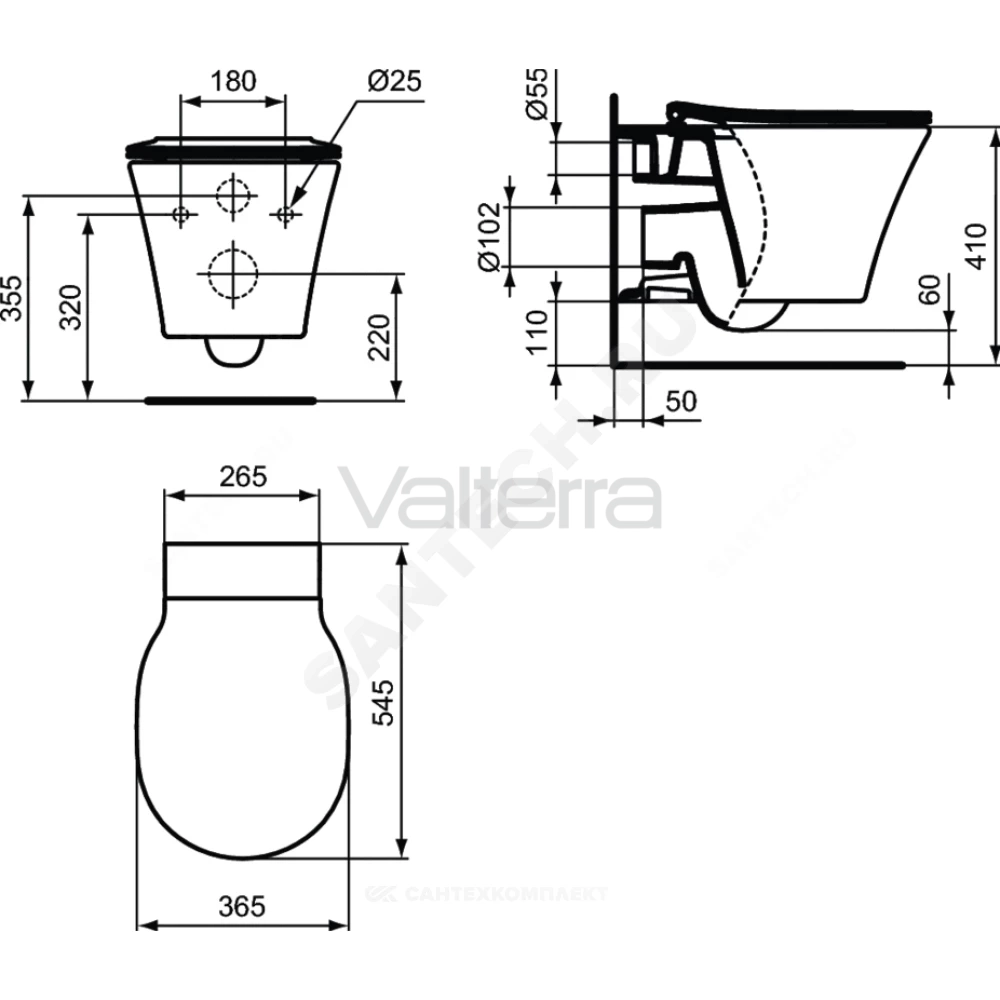 Унитаз подвесной горизонтальный выпуск CONNECT AIR Rimless Ideal Standard