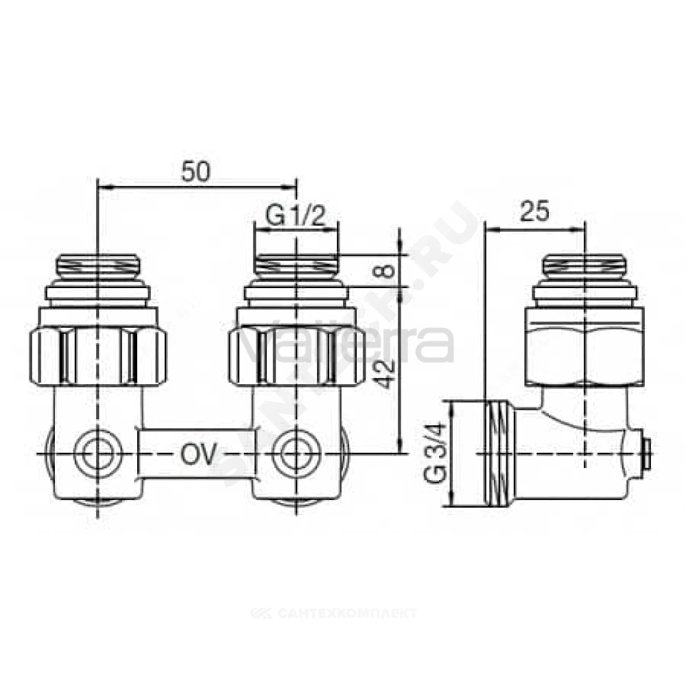 Узел нижнего подключения Multiflex F ZB двухтр Ру10 угловой под плоское уплотнение с ниппелями Oventrop