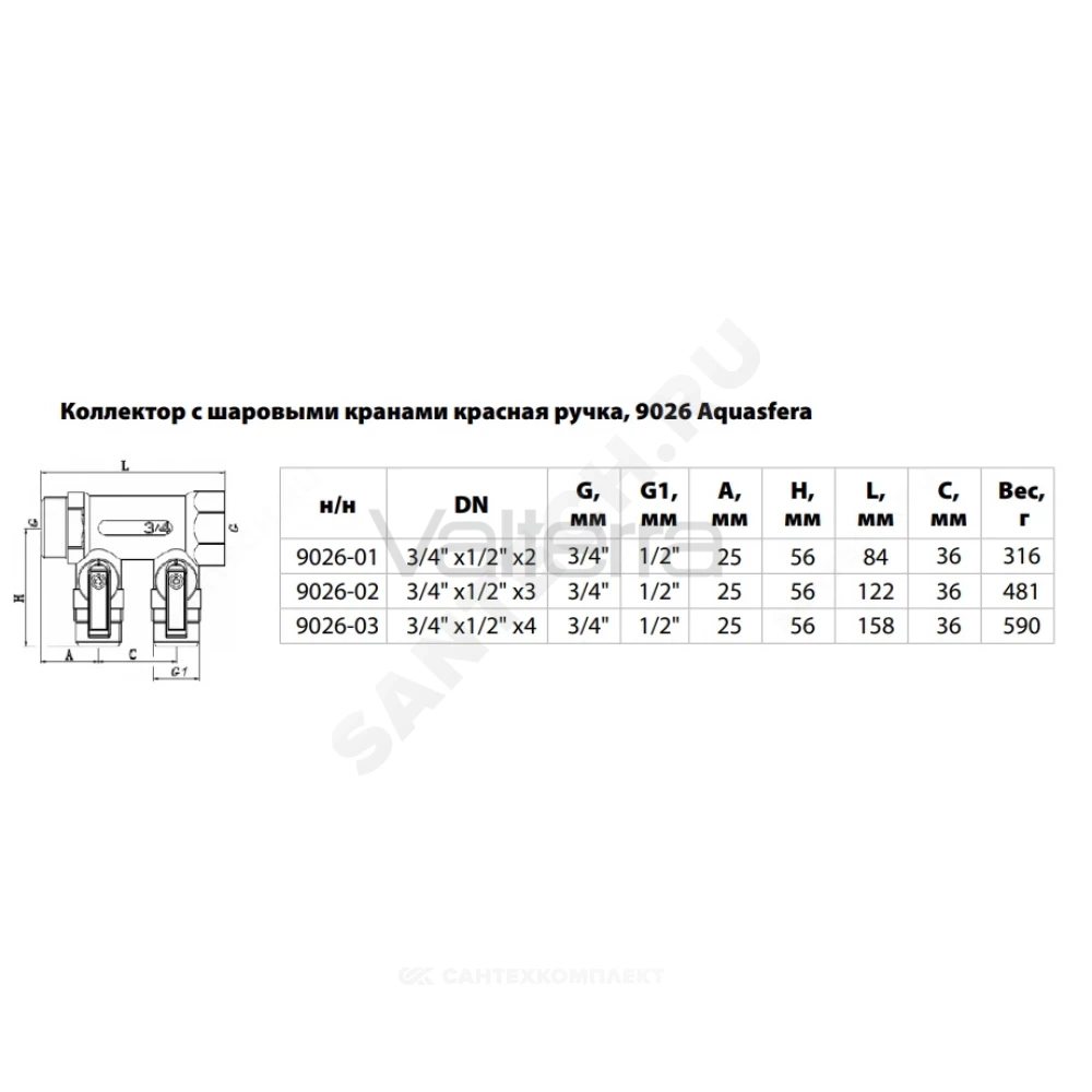 Коллектор латунь ВР/НР с шаровыми кранами, красные ручки 9026 Aquasfera