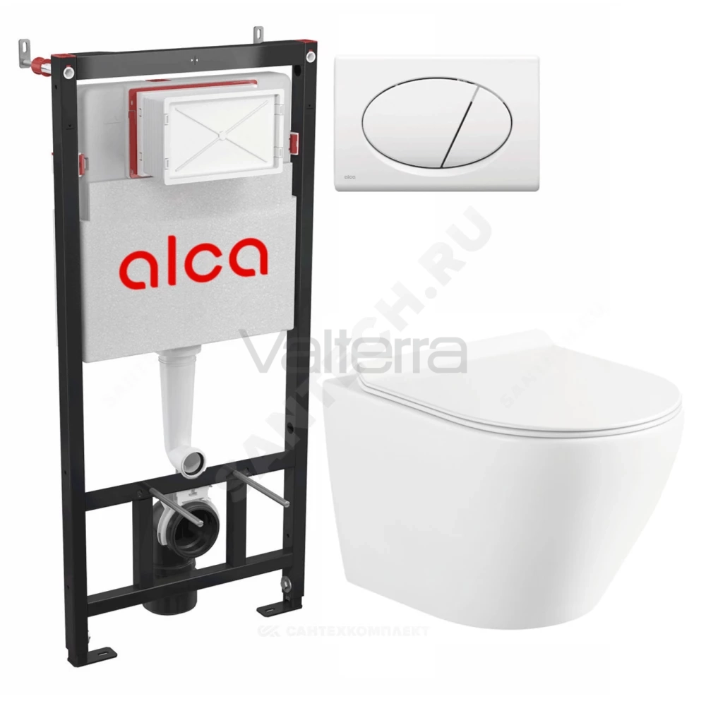Комплект 4 в 1 инсталляция + кнопка смыва белая + унитаз подвесной Circulo Rimless Selena/Alcaplast