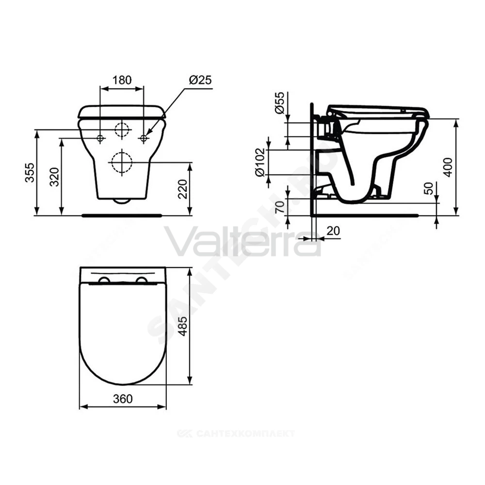 Комплект 3 в 1 инсталляция без кнопки смыва + унитаз подвесной EXACTO Rimless Ideal Standard