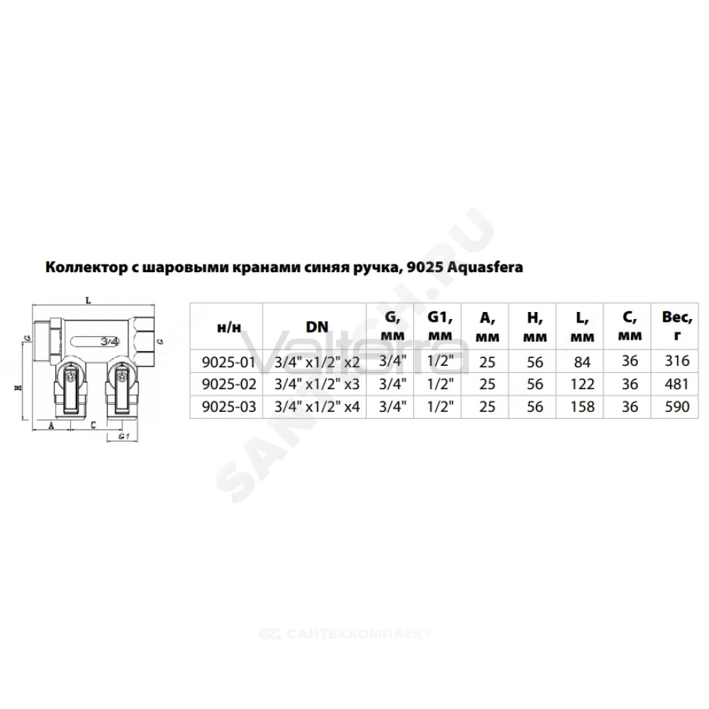 Коллектор латунь ВР/НР с шаровыми кранами, синие ручки 9025 Aquasfera