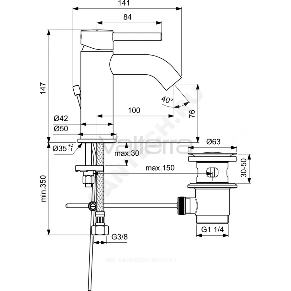Смеситель для умывальника CERALINE одноручный с донным клапаном Ideal Standard