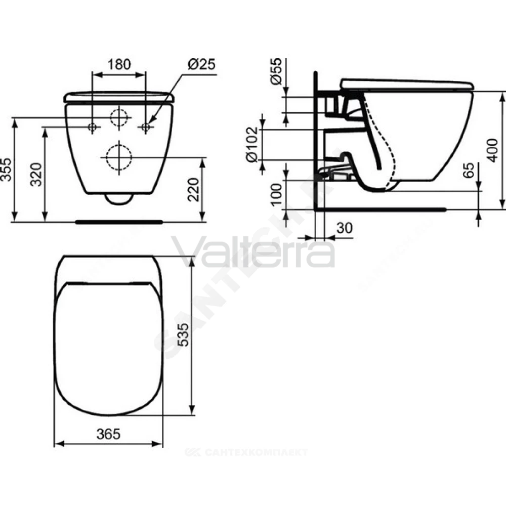Унитаз подвесной горизонтальный выпуск TESI Rimless Ideal Standard