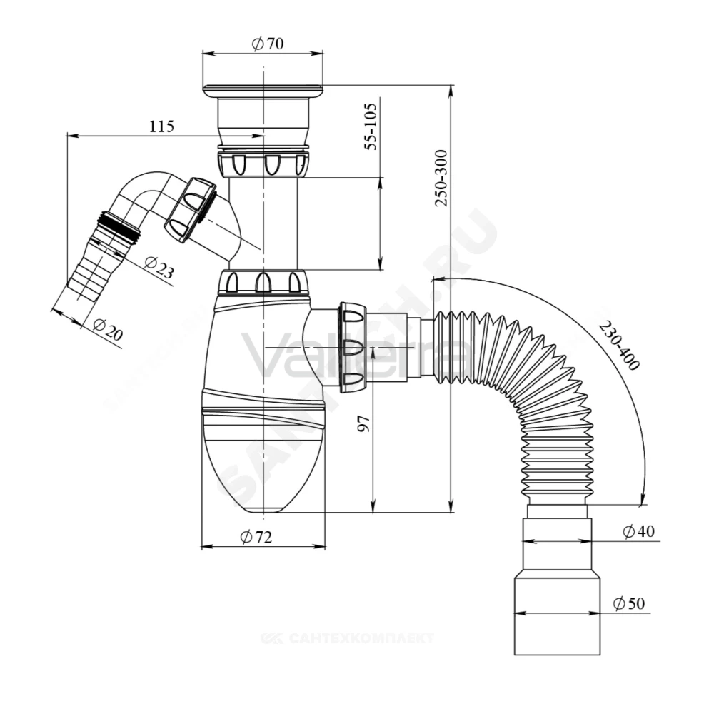 Сифон для умывальника бутылочный 1 1/2"x40 с гофрой 40х40/50 с отводом (штуцером) с нержавеющей решёткой Unicorn A320V