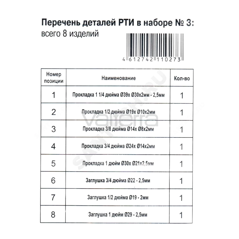 Набор прокладок прокладки и заглушки №3 сантехнический Резинотехника