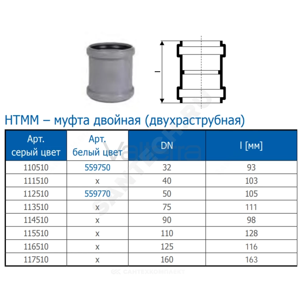 Муфта двухраструбная серая PP-H HT HTMM Ostendorf