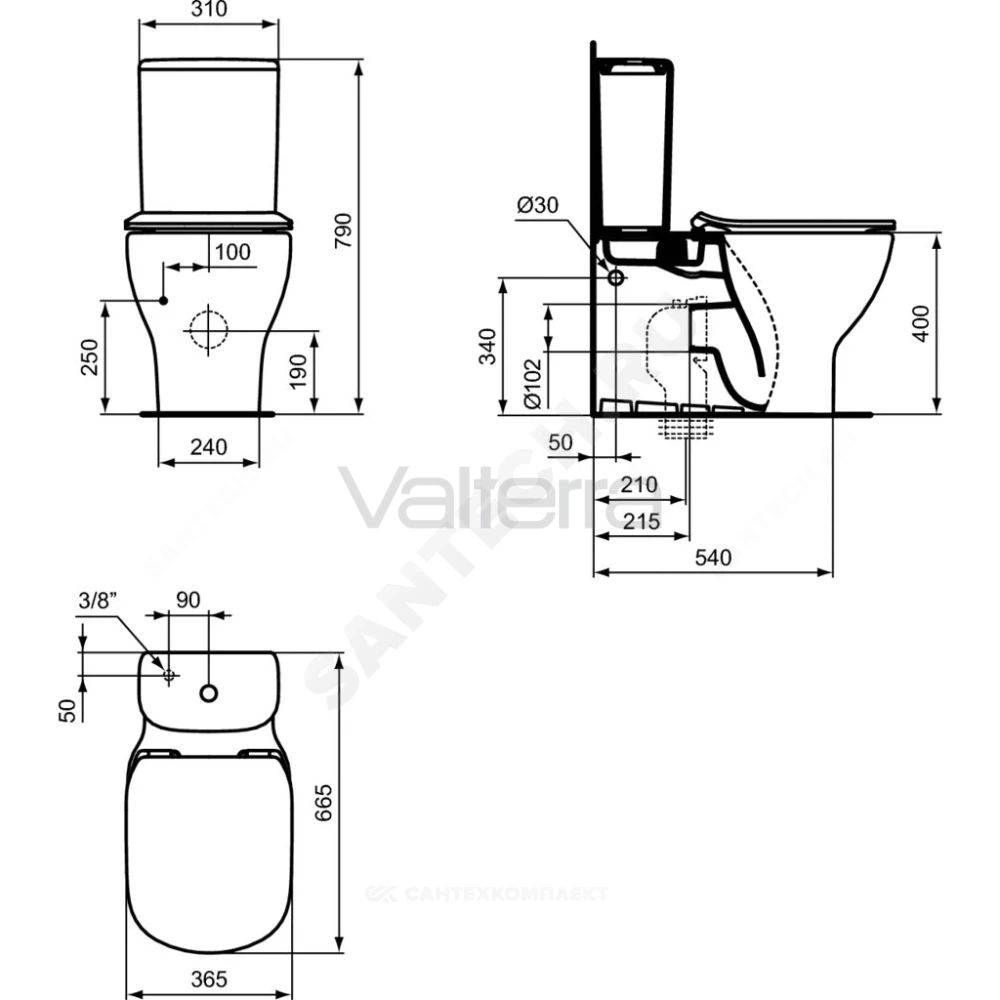 Унитаз-компакт горизонтальный выпуск TESI AquaBlade Ideal Standard